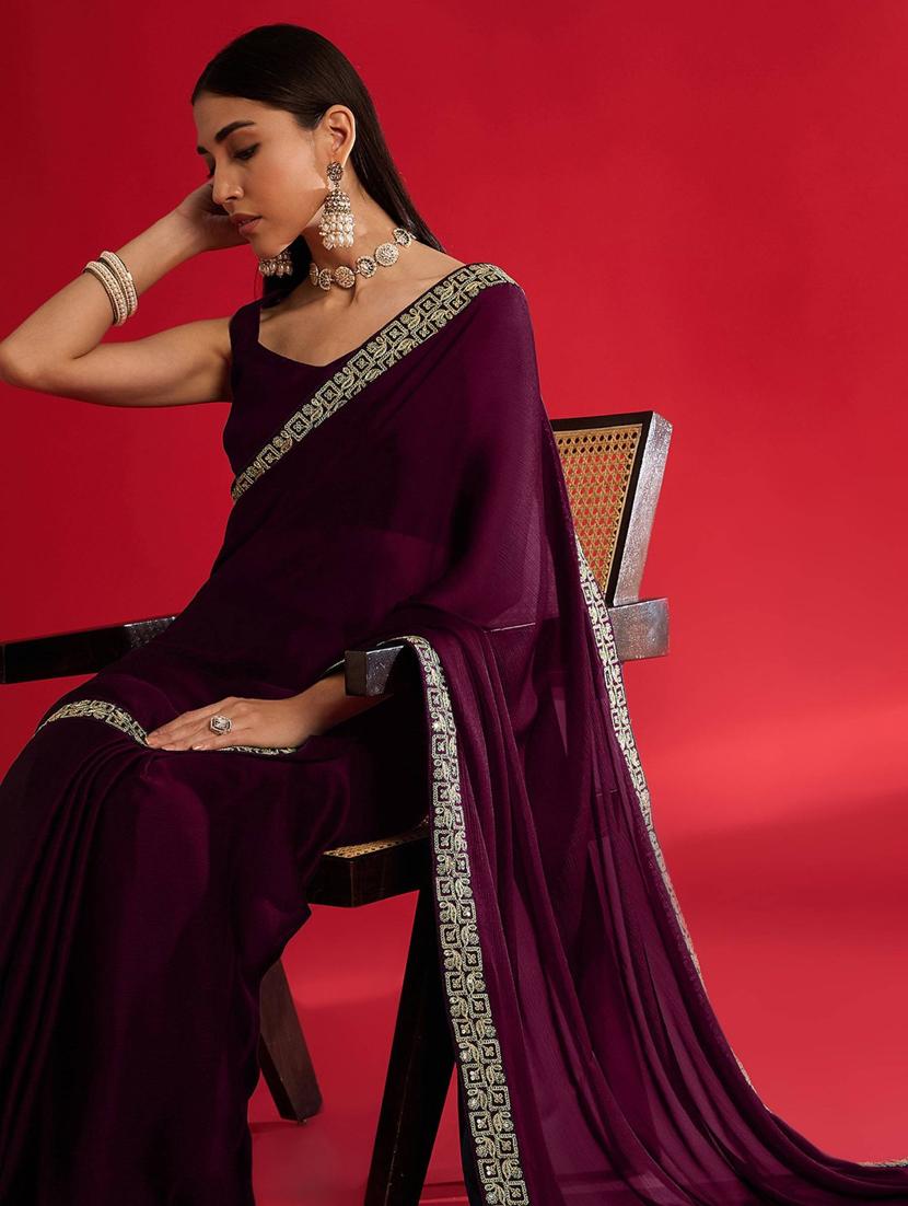 women solid with bordered saree with blouse - 21941986 - Standard Image - 3