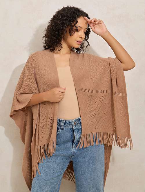 women beige solid open front shrug