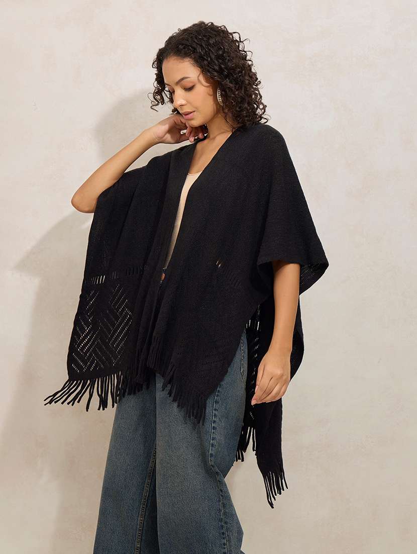 women balck solid open front shrug - 21941989 -  Standard Image - 3