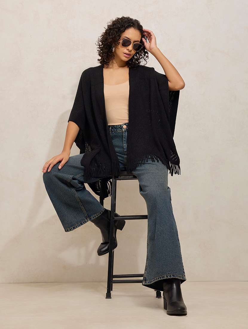 women balck solid open front shrug - 21941989 -  Standard Image - 5
