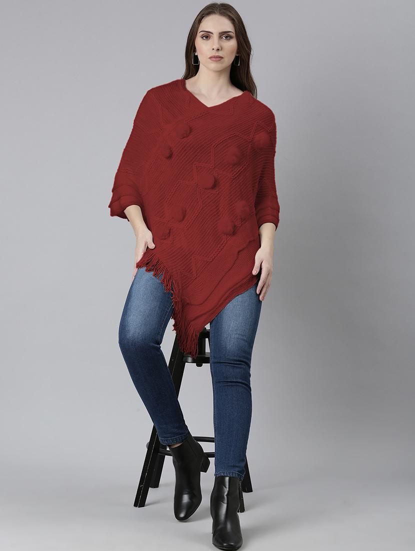 womne maroon self designed poncho - 21941992 - Zoom Image - 0