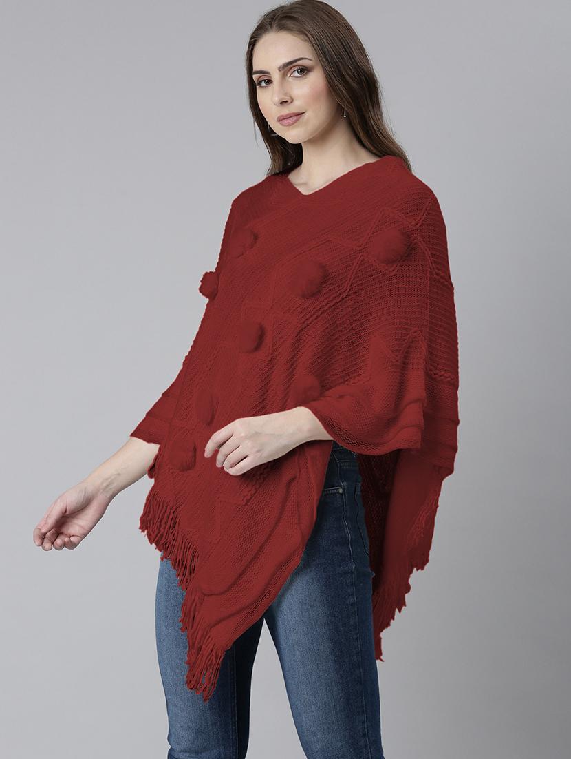 womne maroon self designed poncho - 21941992 - Standard Image - 3