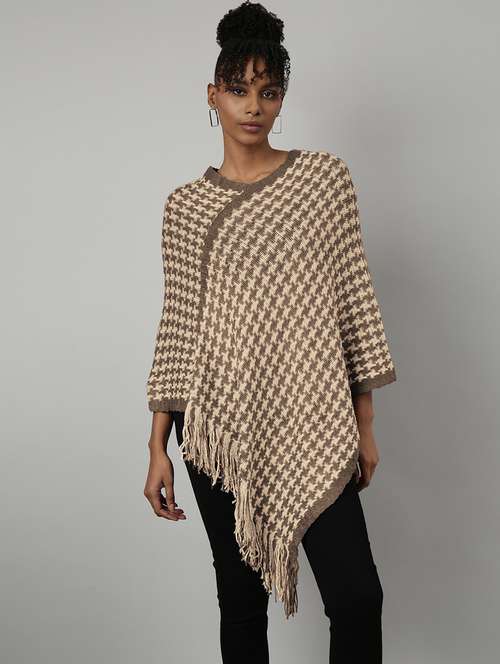 women beige self designed fringed hem poncho - 21941993 -  Standard Image - 0