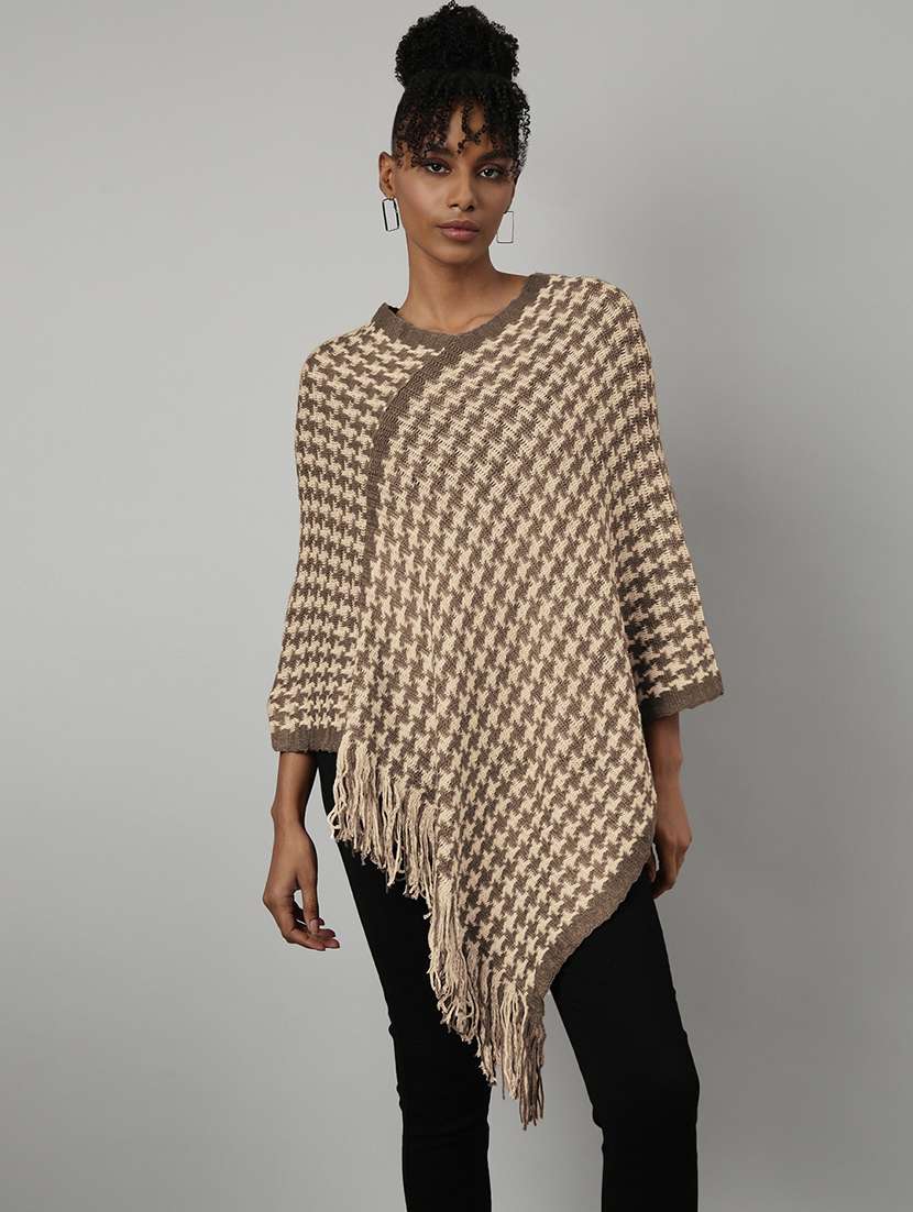 women beige self designed fringed hem poncho