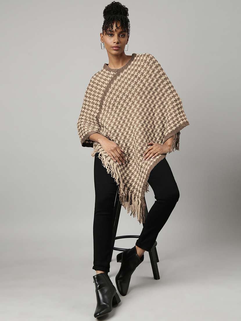 women beige self designed fringed hem poncho - 21941993 -  Standard Image - 5