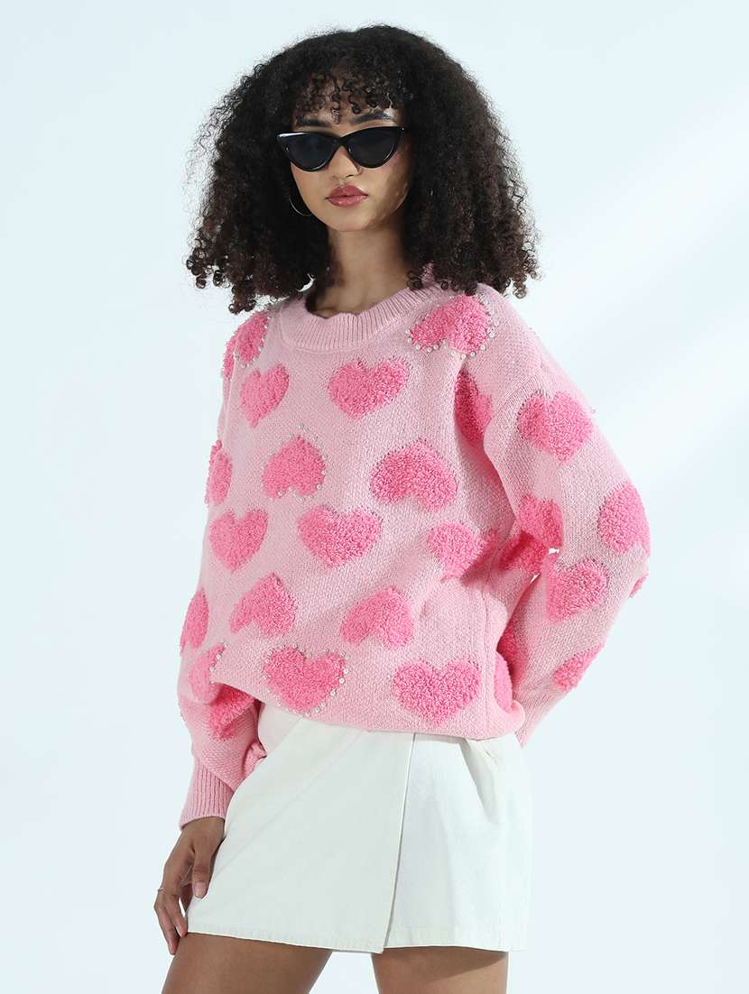 women pink self design long sleeve pullover - 21941997 -  Standard Image - 3