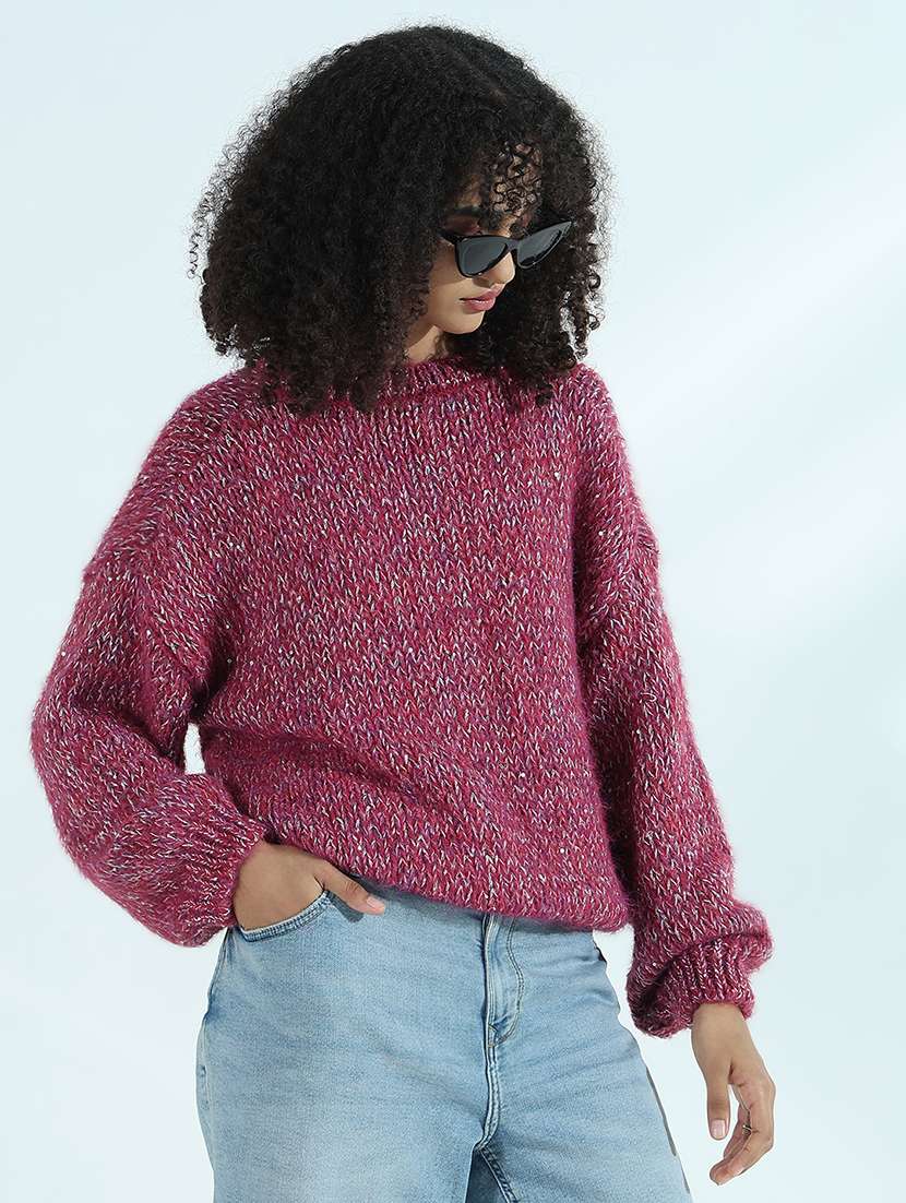 women magenta self design long sleeve pullover - 21941998 -  Standard Image - 3