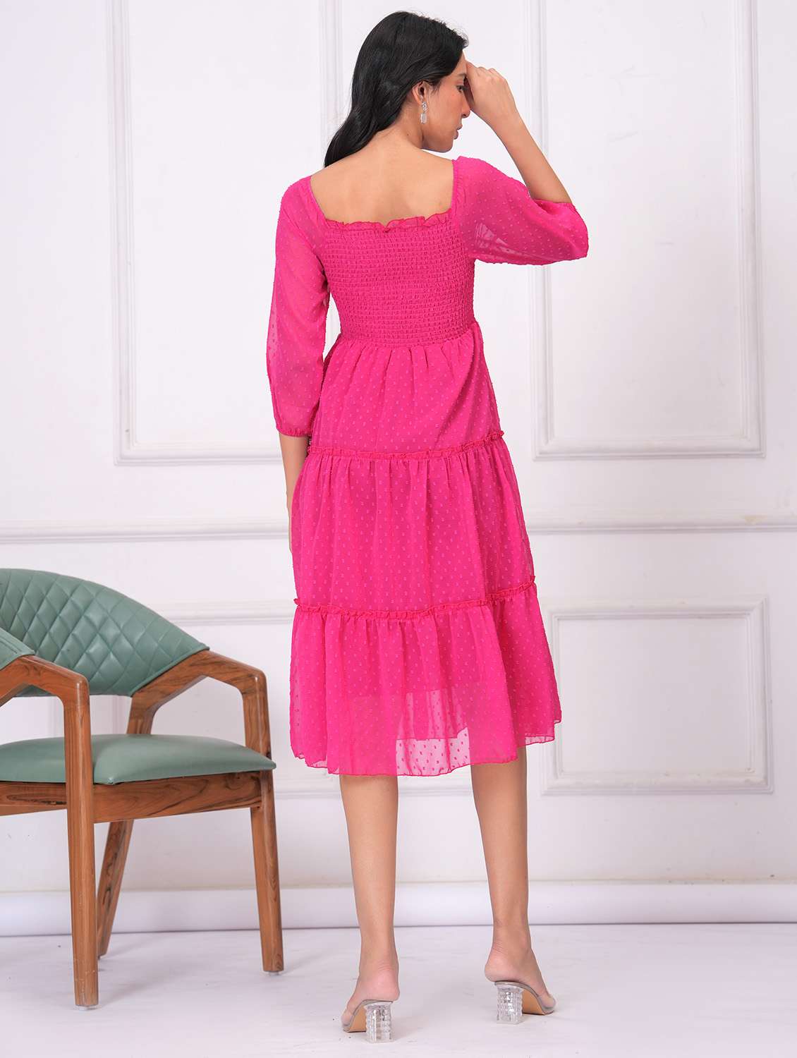 women self designed puff sleeves tiered dress - 21942064 - Standard Image - 3