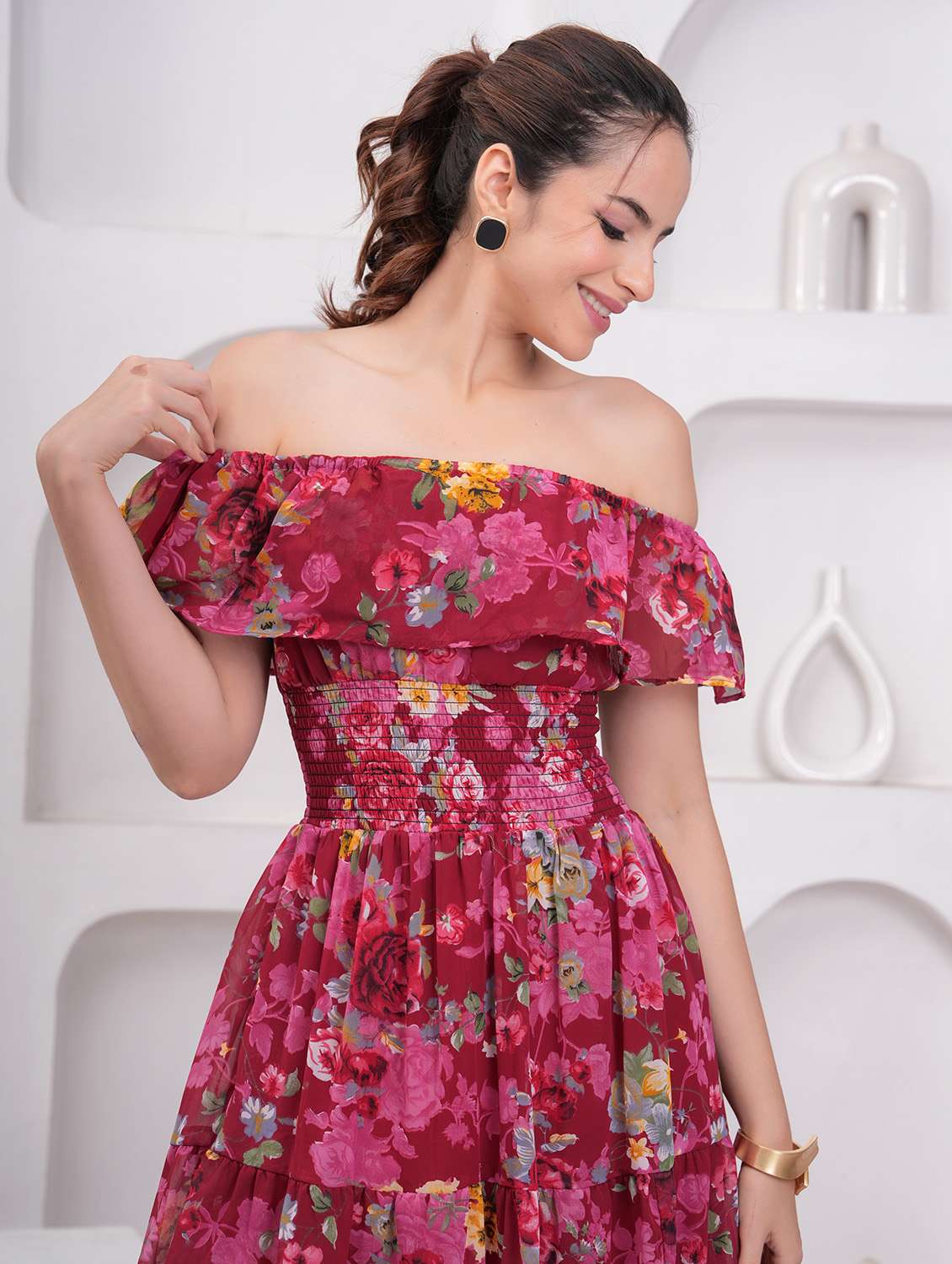 women floral printed off shoulder tiered dress - 21942084 -  Standard Image - 5