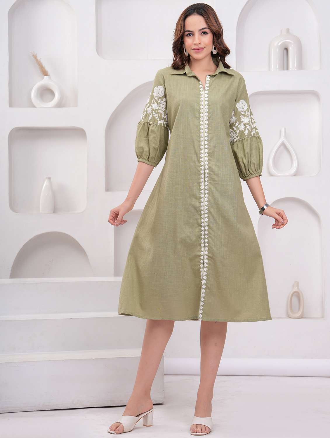 women embroidered puff sleeve a-line dress - 21942086 -  Zoom Image - 0