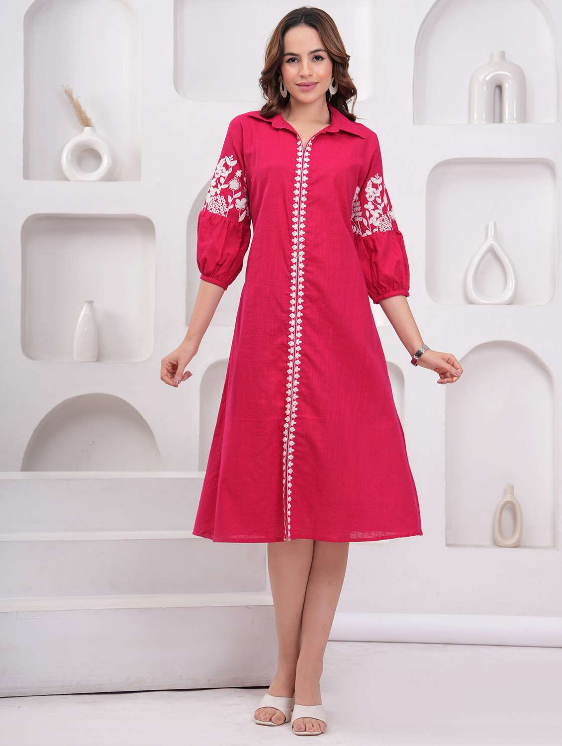 women embroidered puff sleeve a-line dress - 21942087 -  Zoom Image - 0