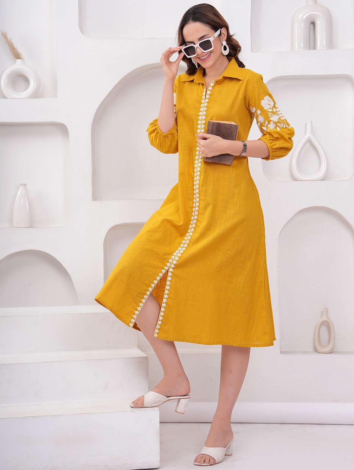 women embroidered puff sleeve a-line dress
