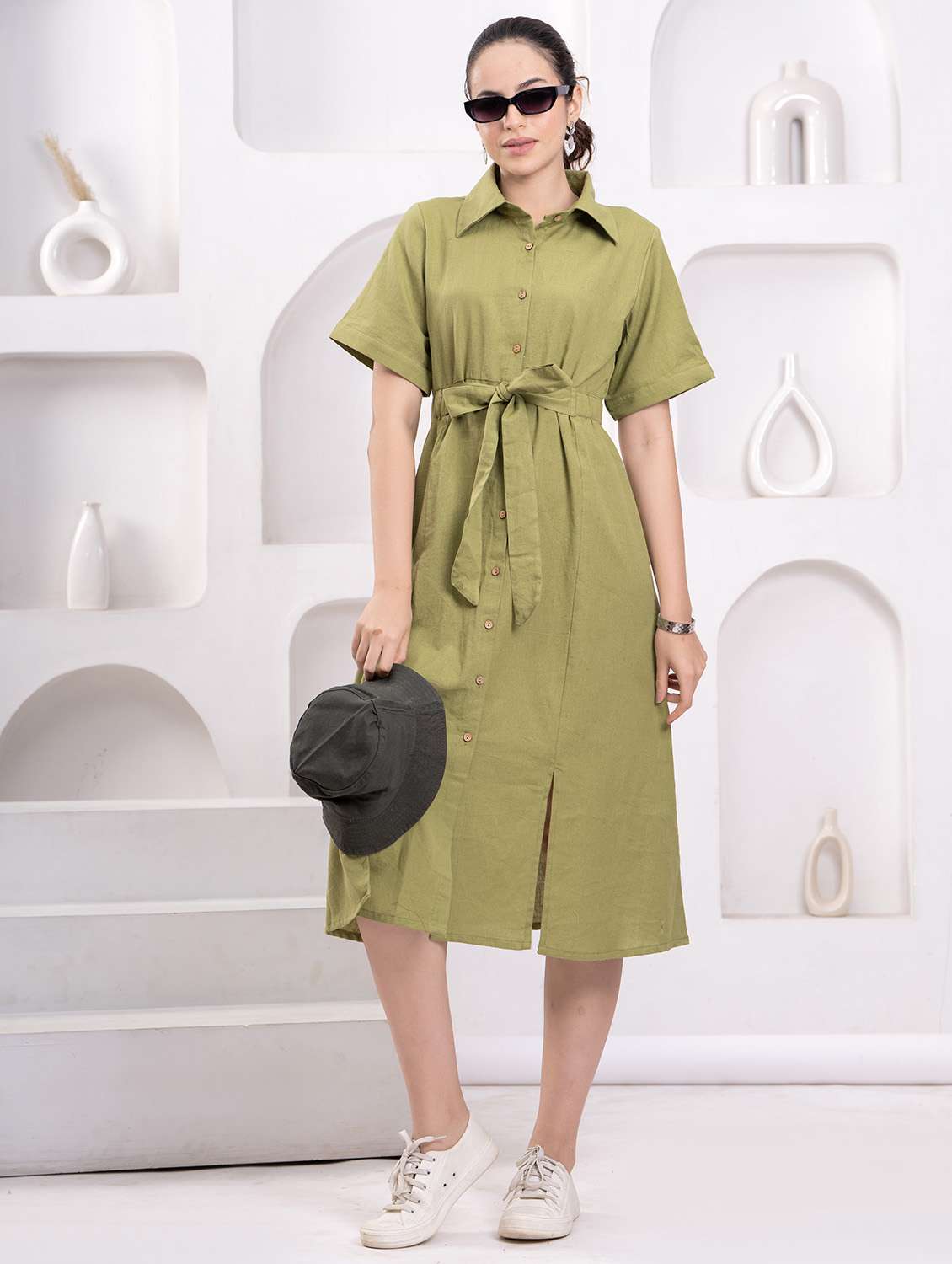 women solid collared short sleeve shirt dress