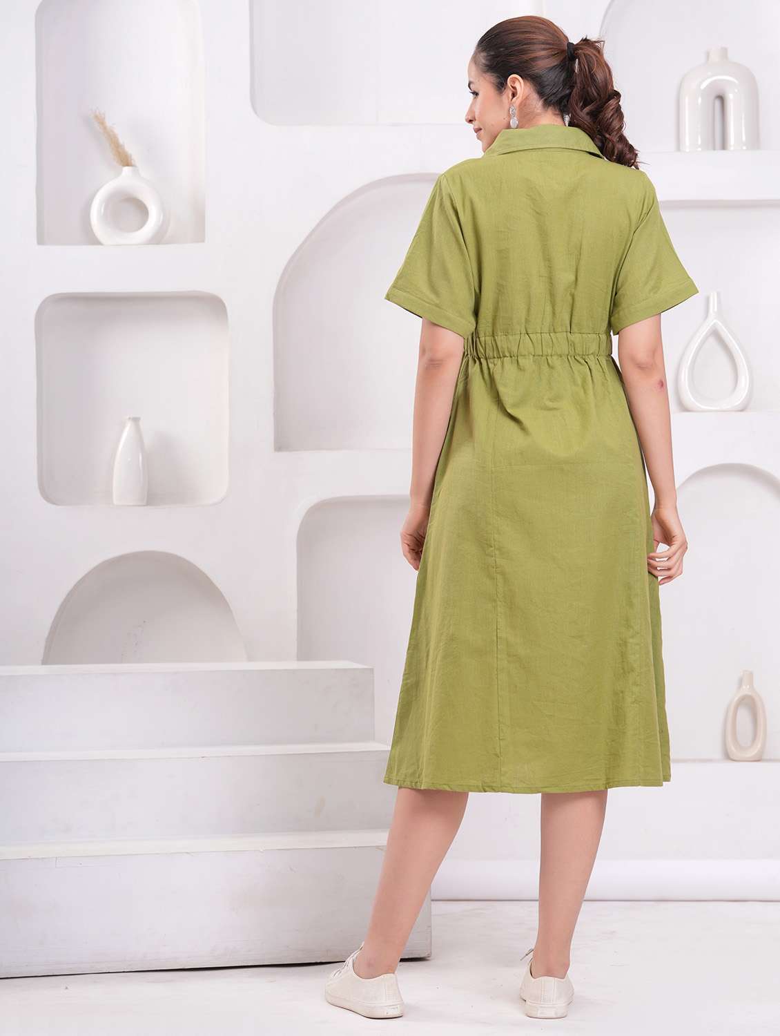 women solid collared short sleeve shirt dress - 21942095 - Standard Image - 3