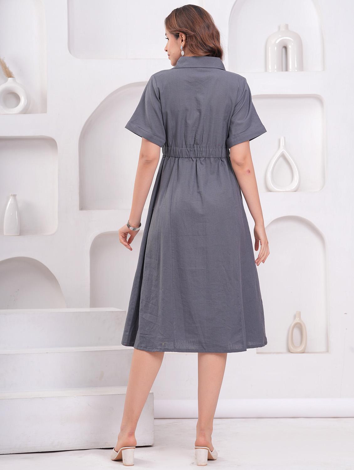 women solid collared short sleeve shirt dress - 21942096 - Standard Image - 3