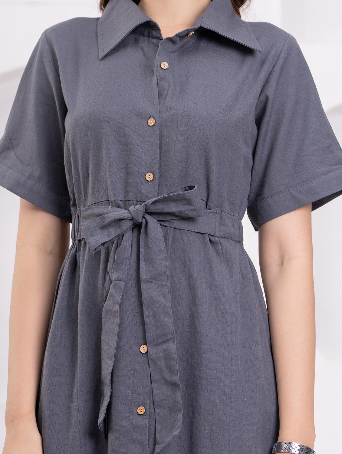 women solid collared short sleeve shirt dress - 21942096 - Standard Image - 5