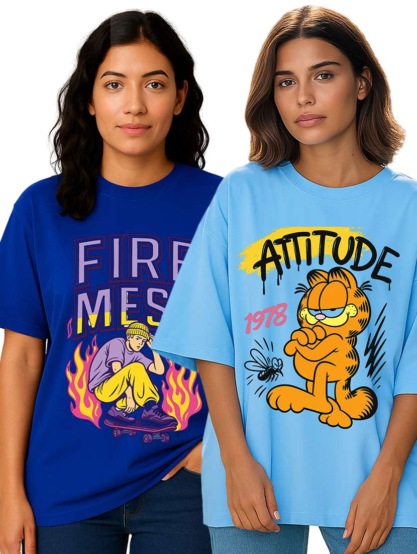 women pack of 2 printed short sleeve oversized t-shirt