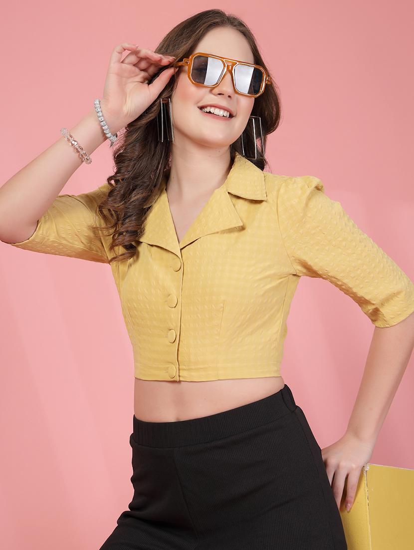 women checkered lapel neck crop shirt top - 21942227 - Standard Image - 3
