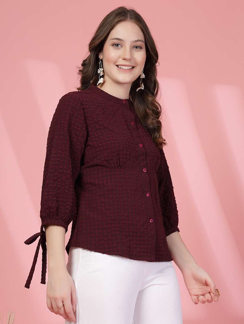 women checkered mandarin collar puff sleeve shirt - 21942240 - Standard Image - 3