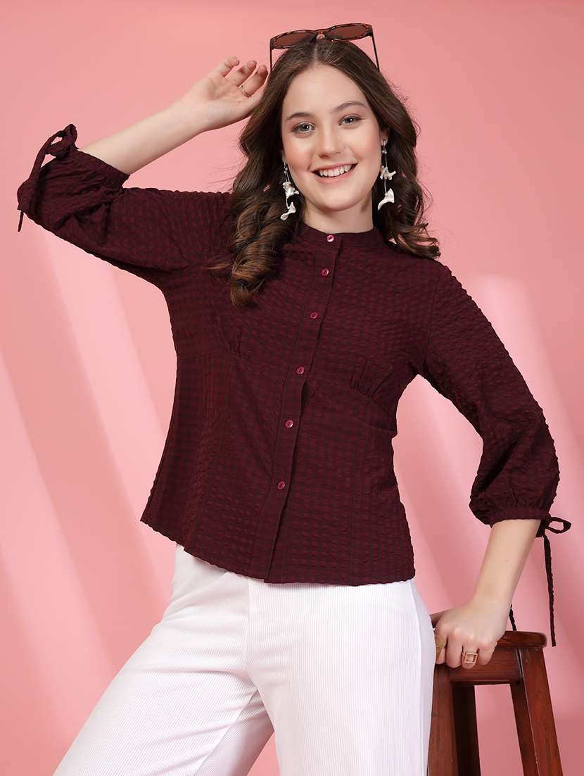 women checkered mandarin collar puff sleeve shirt - 21942240 - Standard Image - 5