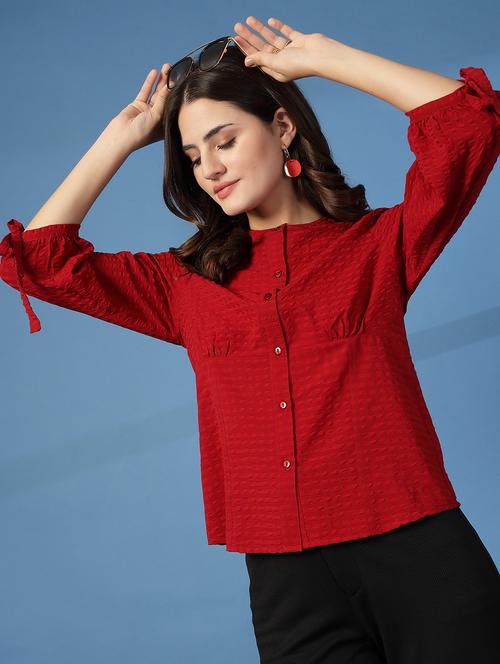 women self designed mandarin collar puff sleeve shirt - 21942244 -  Standard Image - 0