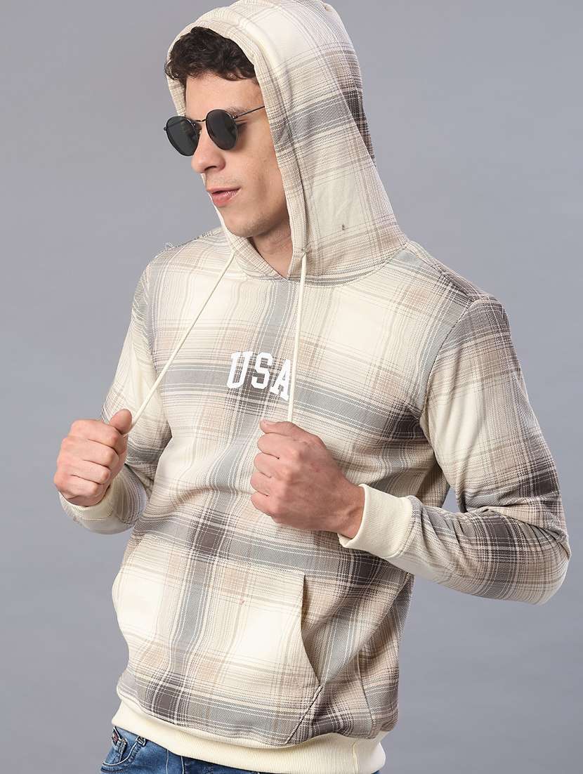 men checkered long sleeve hooded sweatshirt