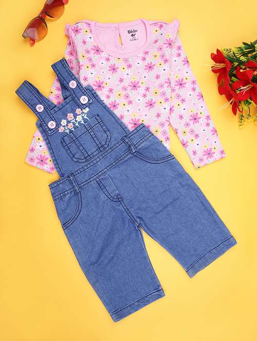 girls floral print t-shirt and denim dungaree set - 21942273 -  Standard Image - 0