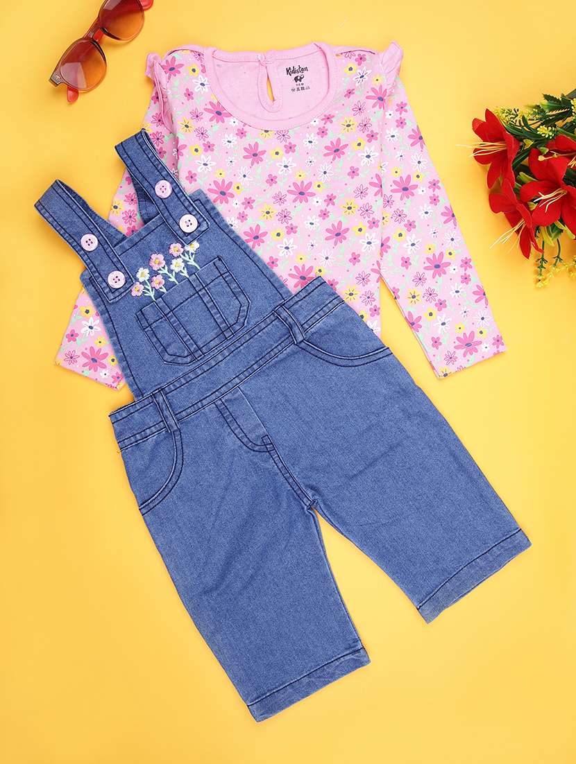 girls floral print t-shirt and denim dungaree set - 21942273 -  Zoom Image - 0