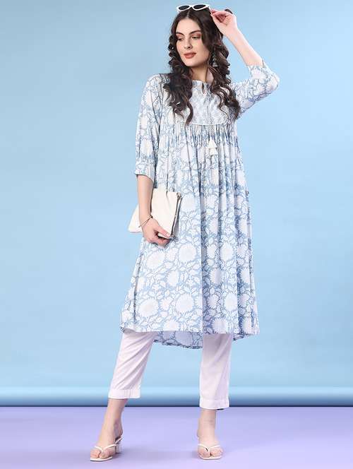 women three quarter sleeve flared kurta - 21942439 -  Standard Image - 0