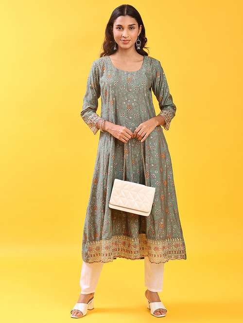 women three quarter sleeve flared kurta - 21942940 - Standard Image - 0