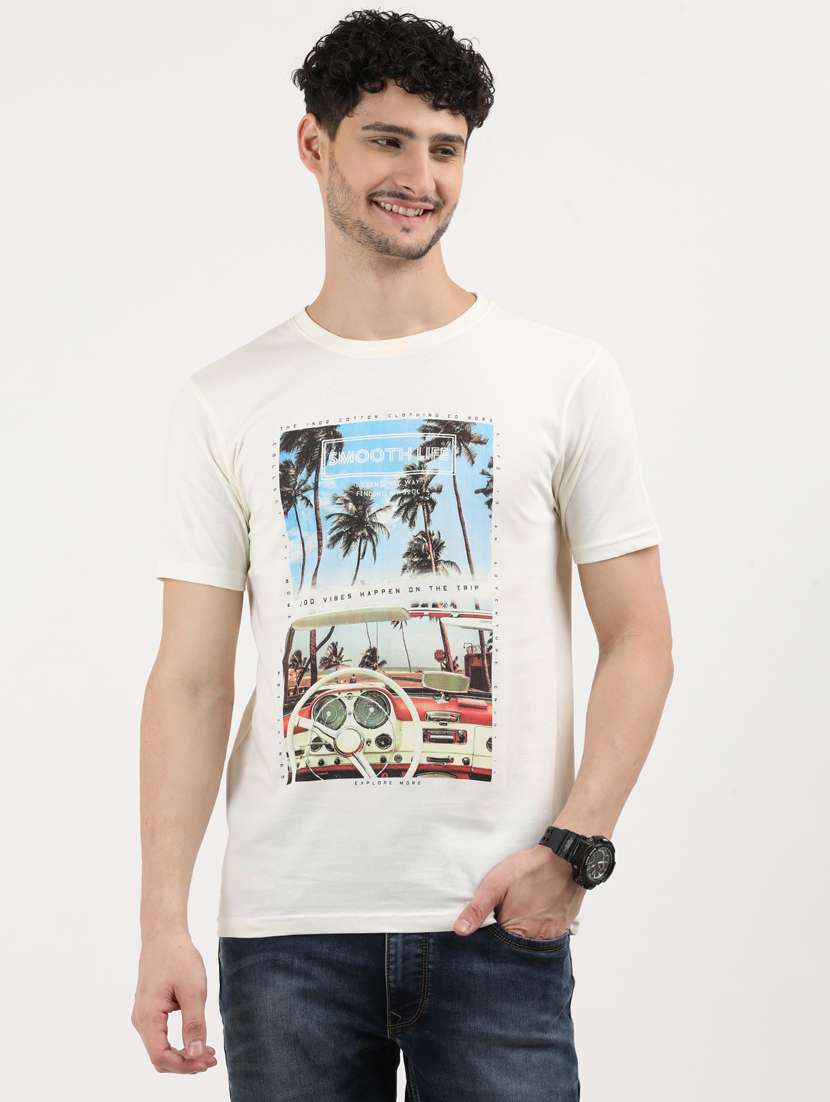 men front print round neck regular fit t-shirt