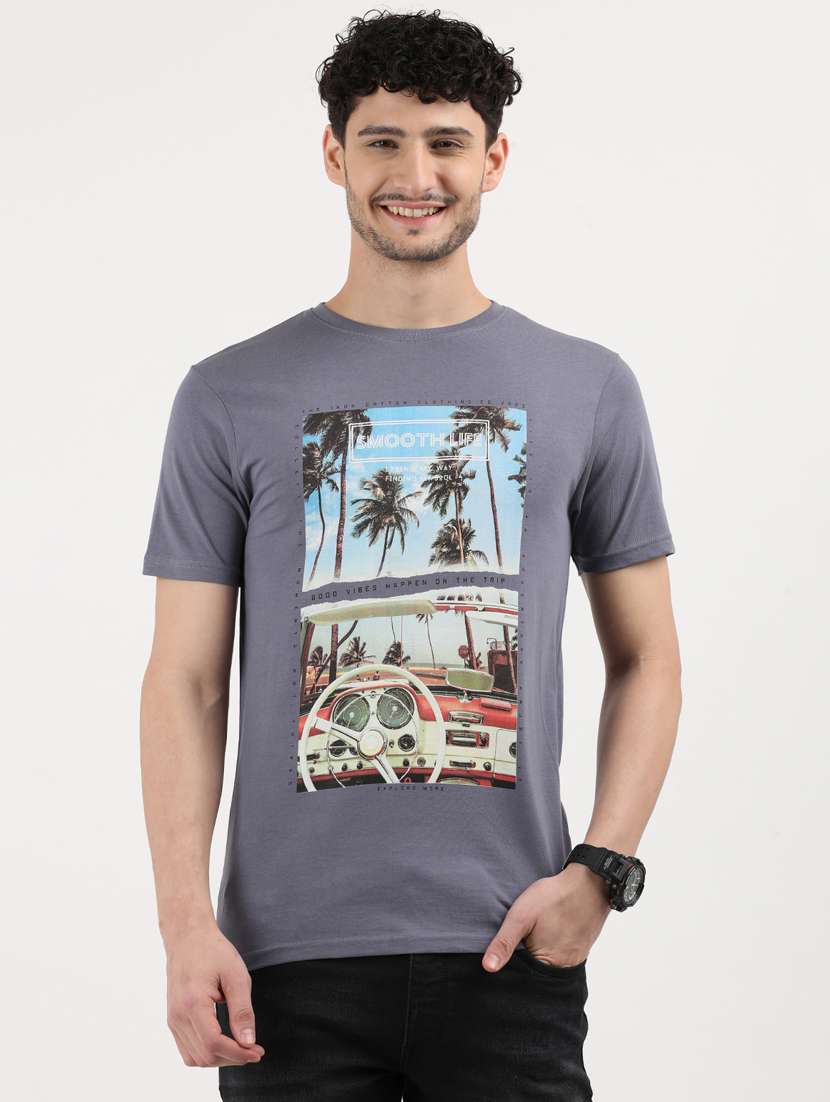 men front print round neck regular fit t-shirt