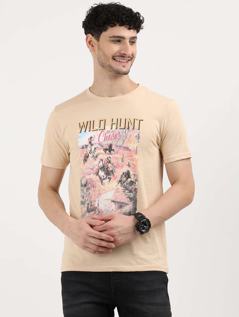 men front print round neck regular fit t-shirt