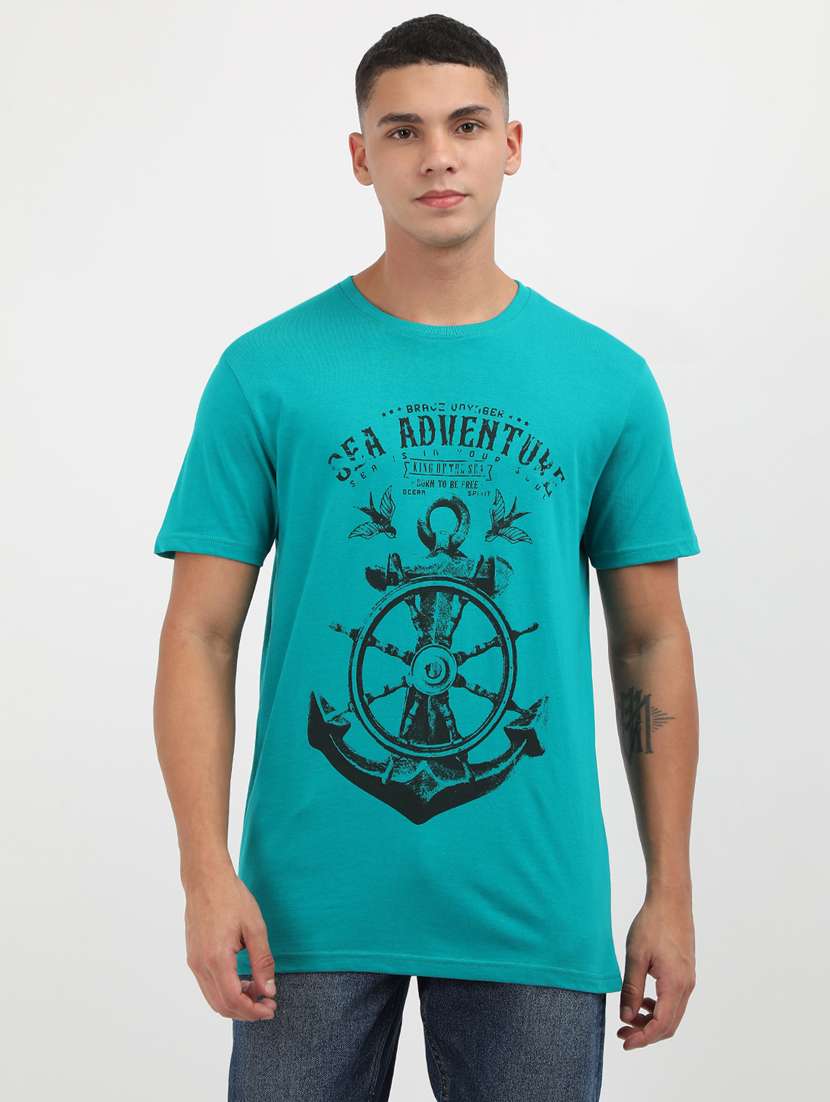 men front print round neck regular fit t-shirt