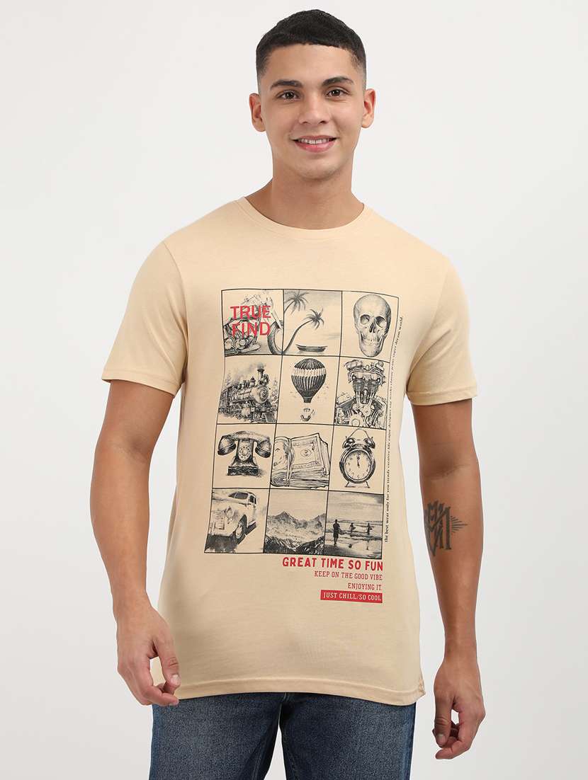 men front print round neck regular fit t-shirt