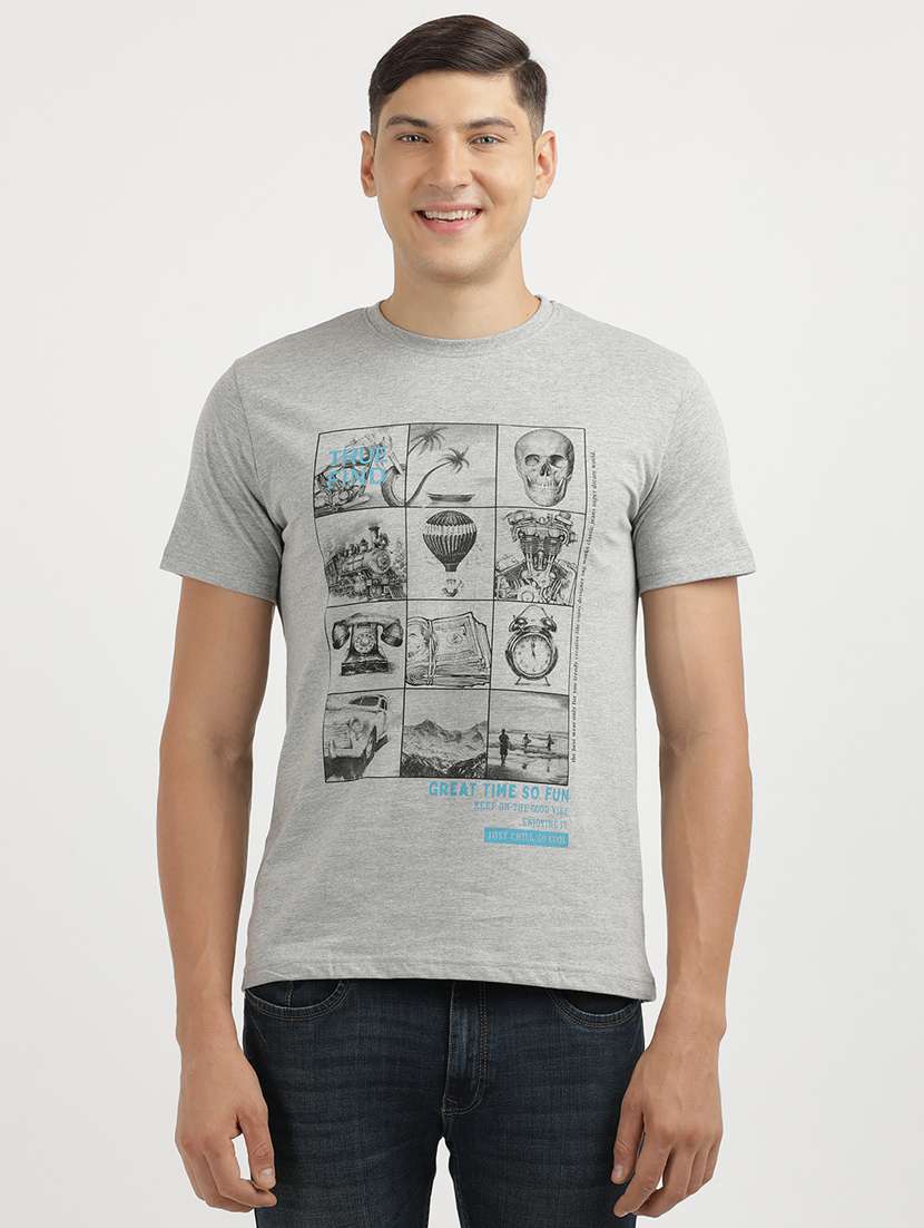 grey melange cotton front print tshirt