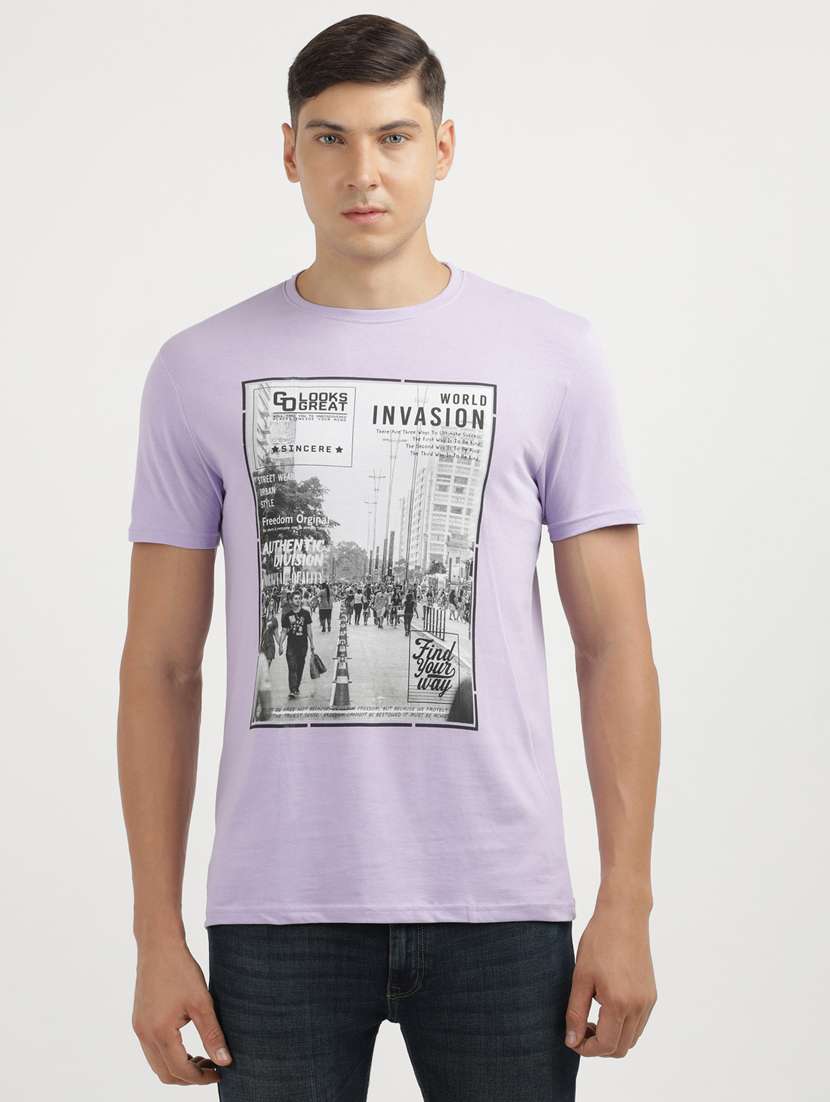 men front print round neck regular fit t-shirt