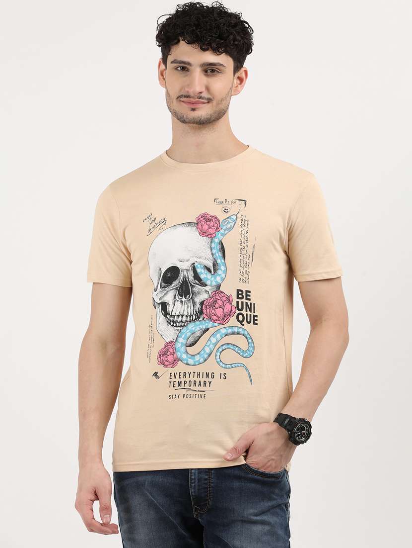 men front print round neck regular fit t-shirt