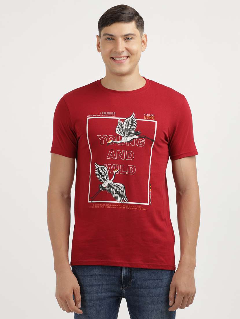 men front print round neck regular fit t-shirt