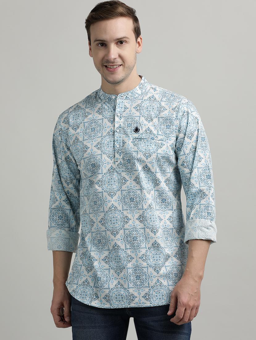 men printed mandarin neck short kurta