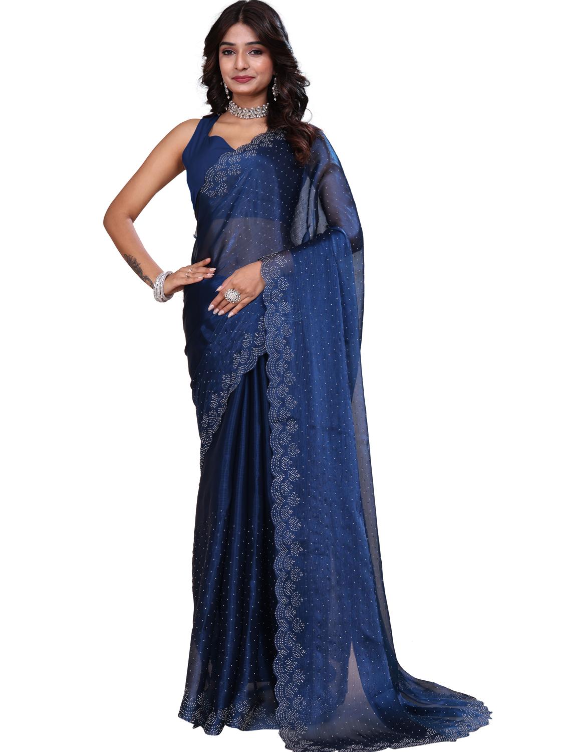 women solid with work embellished saree with blouse - 21943079 - Standard Image - 3