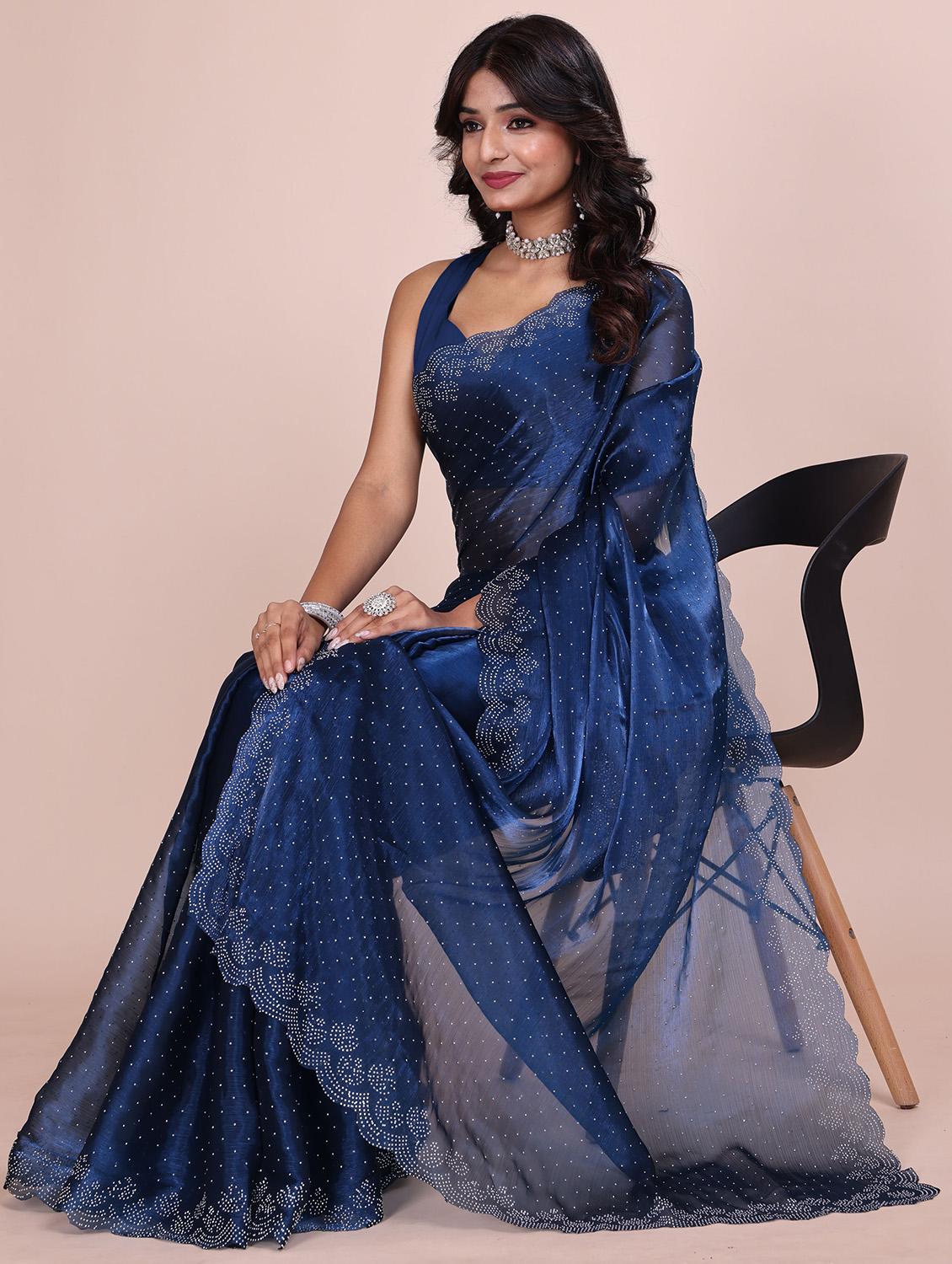 women solid with work embellished saree with blouse - 21943079 - Standard Image - 5