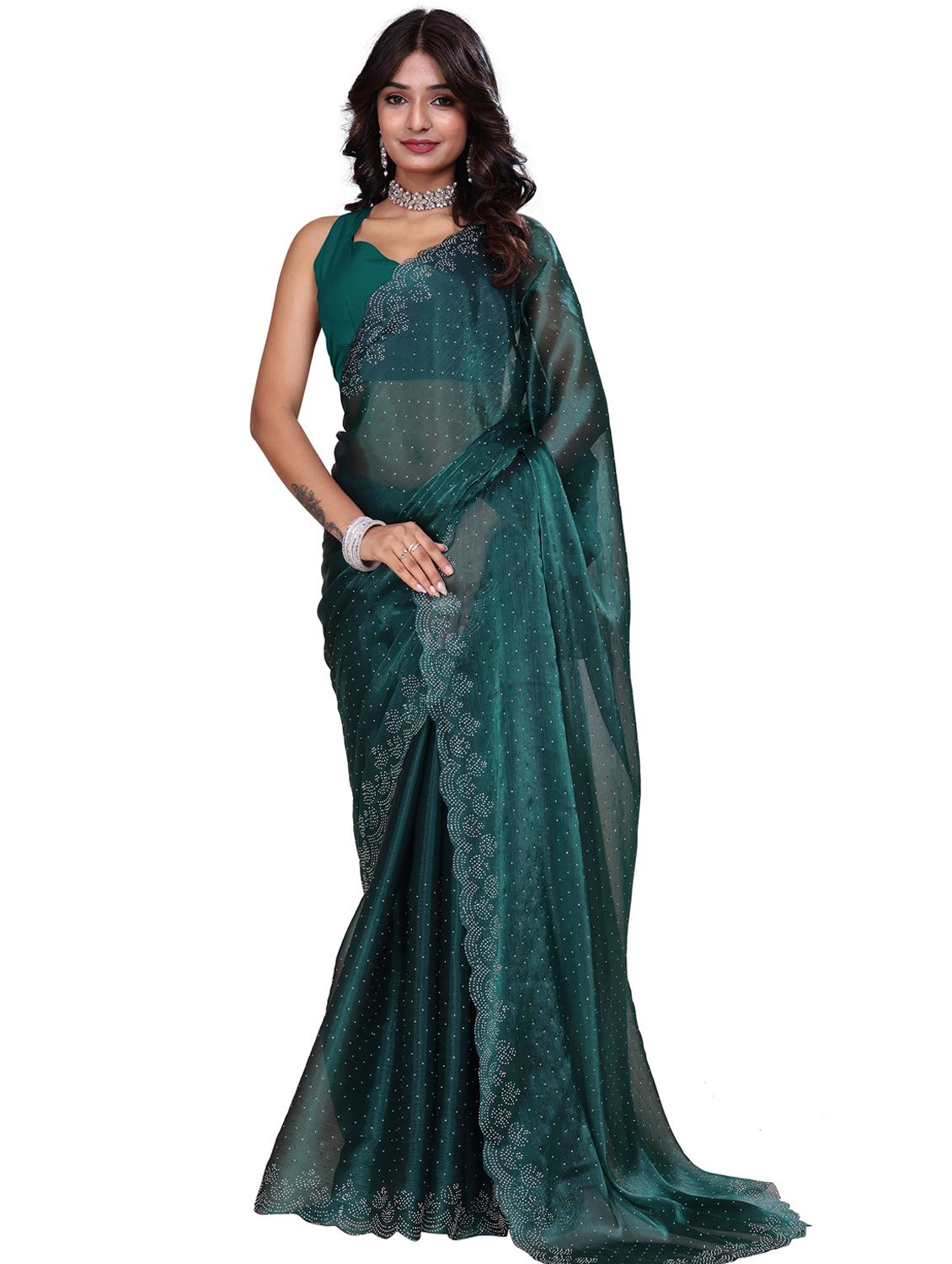 women solid with work embellished saree with blouse - 21943080 - Standard Image - 3