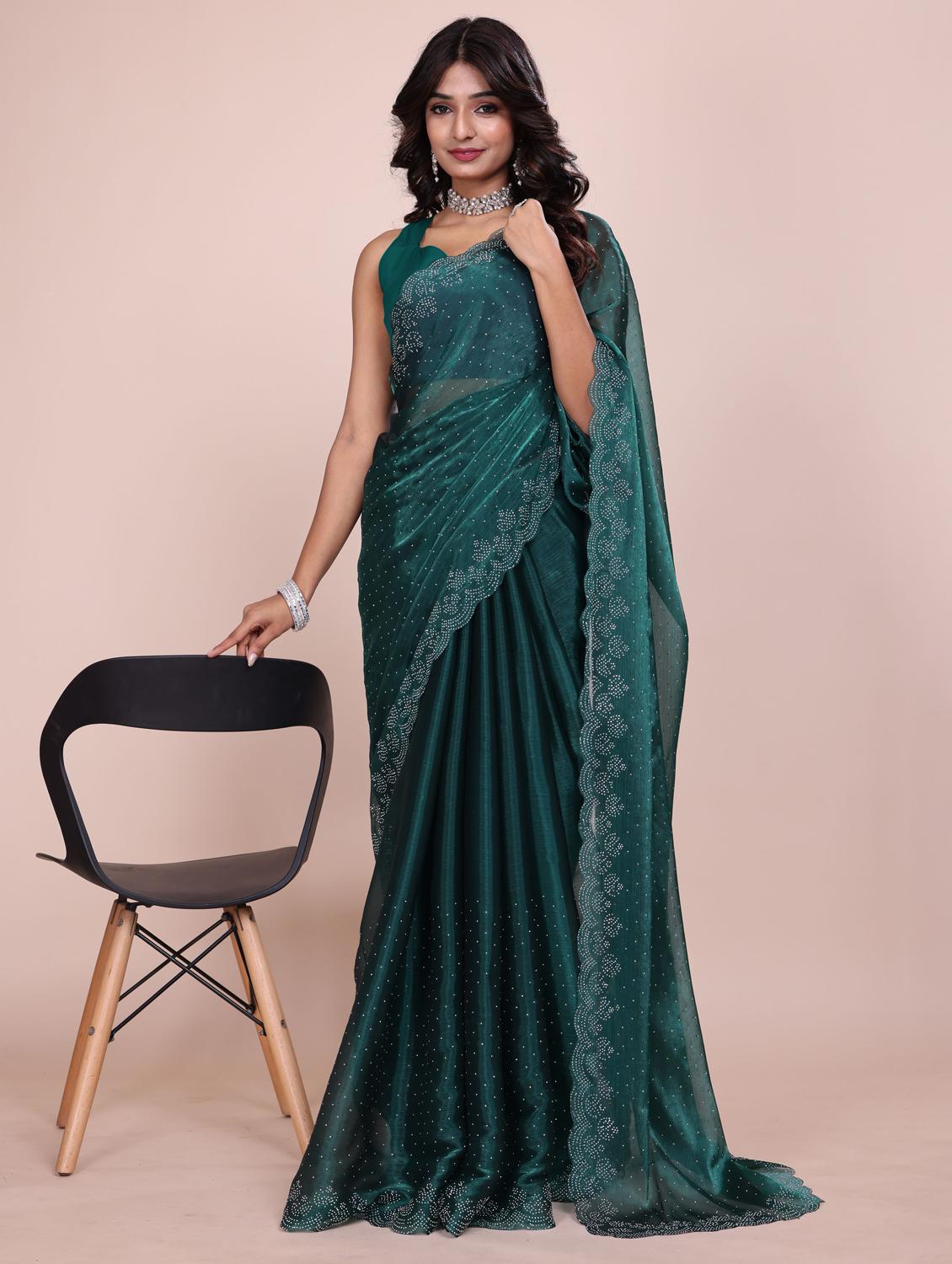 women solid with work embellished saree with blouse - 21943080 - Standard Image - 5