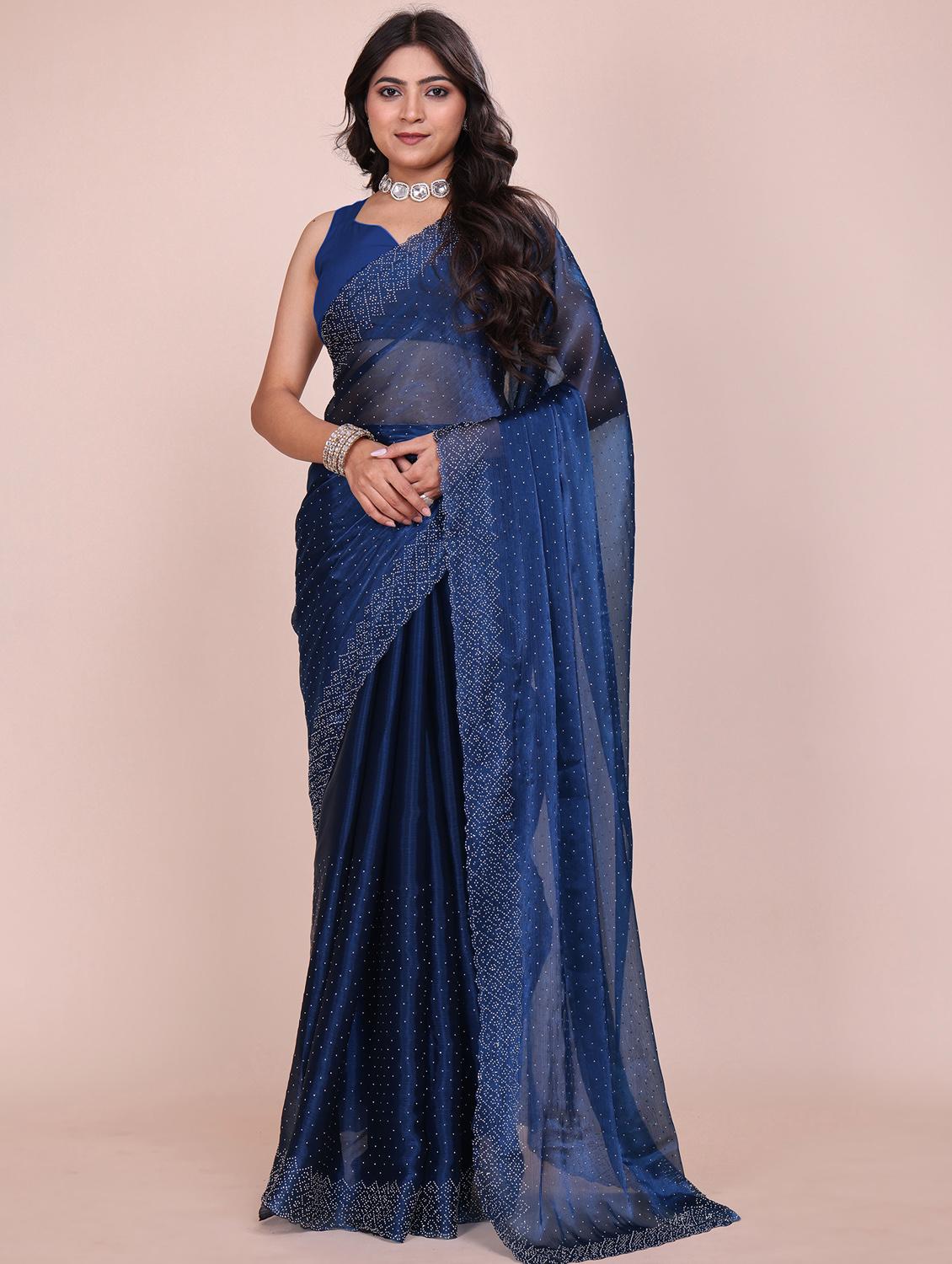 women solid with work embellished saree with blouse
