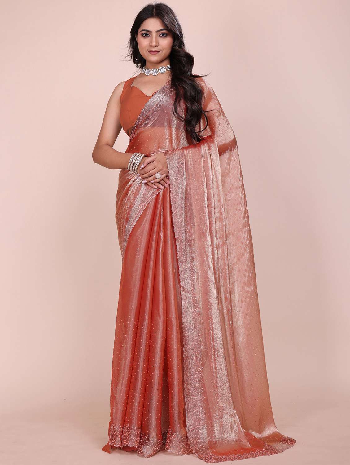 women solid with work embellished saree with blouse