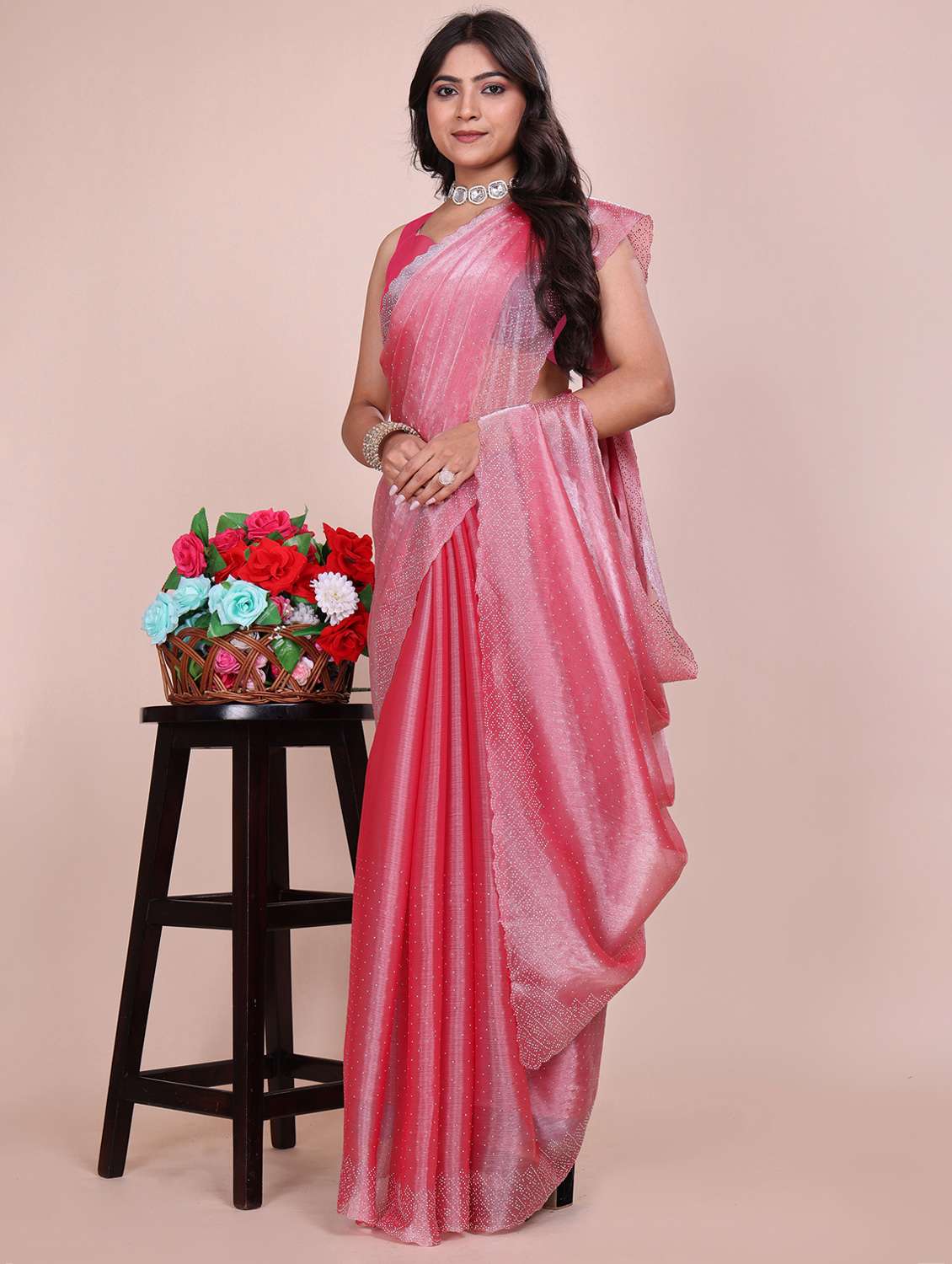 women solid with work embellished saree with blouse