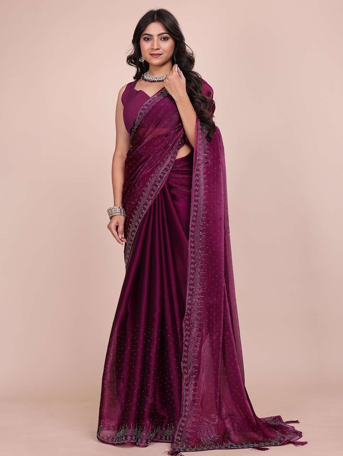 women solid with work embellished saree with blouse