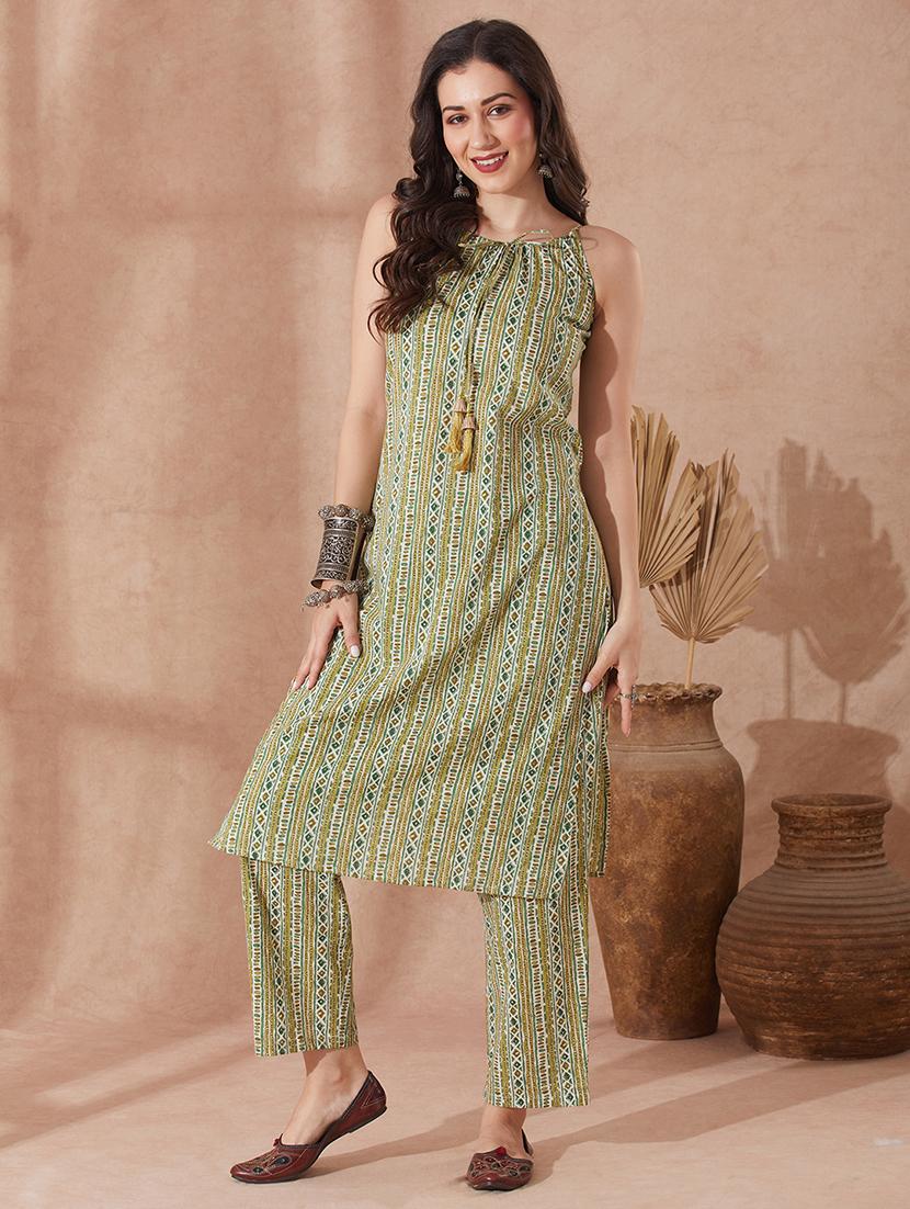 globus women green round neck tie up tassel detailing strappy sleeves ethnic motifs straight kurta with trouser set - 21943114 - Zoom Image - 0