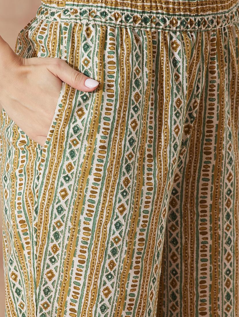 globus women green round neck tie up tassel detailing strappy sleeves ethnic motifs straight kurta with trouser set - 21943114 - Standard Image - 5